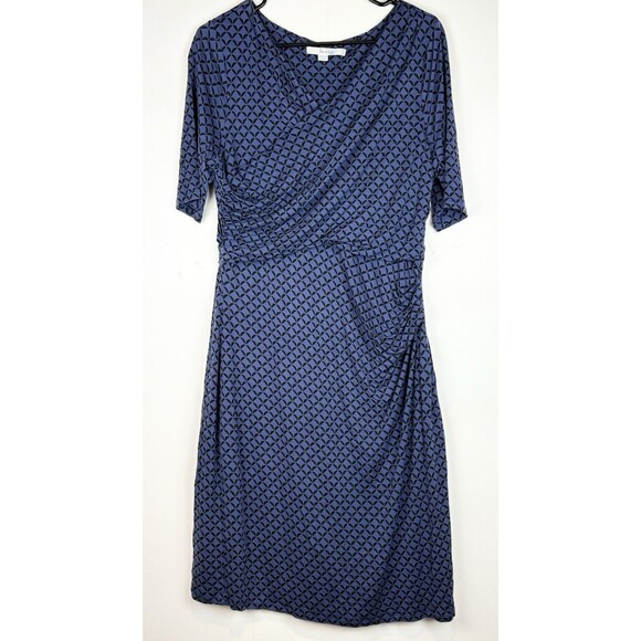 Boden Rita Ruched Dress Blue Black Geometric Knee Length Office Size 16R - Picture 1 of 8